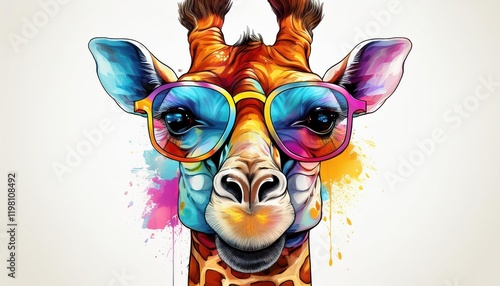 Vibrant and Quirky Cartoon Giraffe with Sunglasses Against a Pristine White Backdrop Showcasing Pop Arts Vivid Colors and Humorous Elements. photo