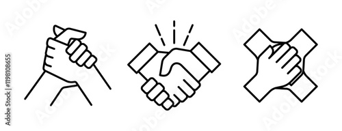 Illustration de la collaboration et des relations professionnelles : pictogrammes représentant un contrat, une poignée de main symbolisant l'accord et des mains apposées pour la cohésion 
