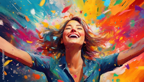 Vibrant Joy Woman Surrounded by Colorful Paint Splatters and Confetti, Embracing Lifes Exuberance photo