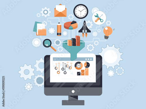 Concepts for creative process, big data filter, data tunnel and analysis. Flat vector illustration