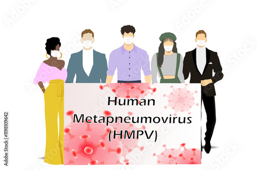 Human metapneumovirus or HMPV. Young modern men and women a holds a banner in her hands with the inscription Human metapneumovirus (HMPV). Vector illustration. Not AI generated 