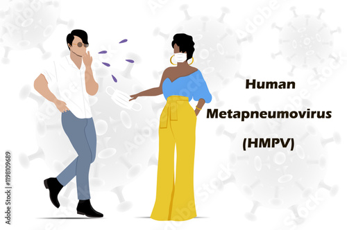 Human metapneumovirus HMPV. Woman wearing a medical mask hands a man a disposable mask, encouraging him to take precautions during the pandemic to prevent the spread of the virus. Not AI generated