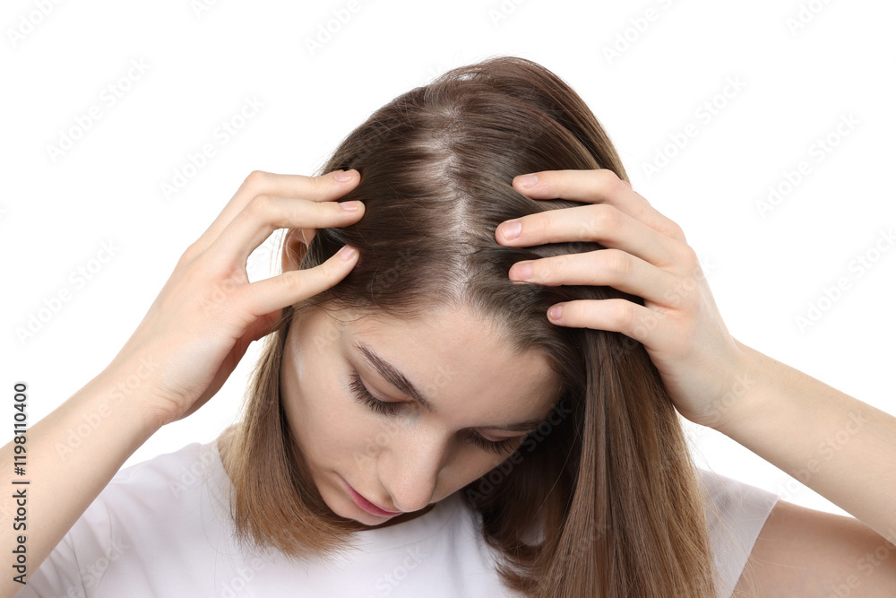 Girl with hair loss problem on white background Girl with hair loss problem on white background