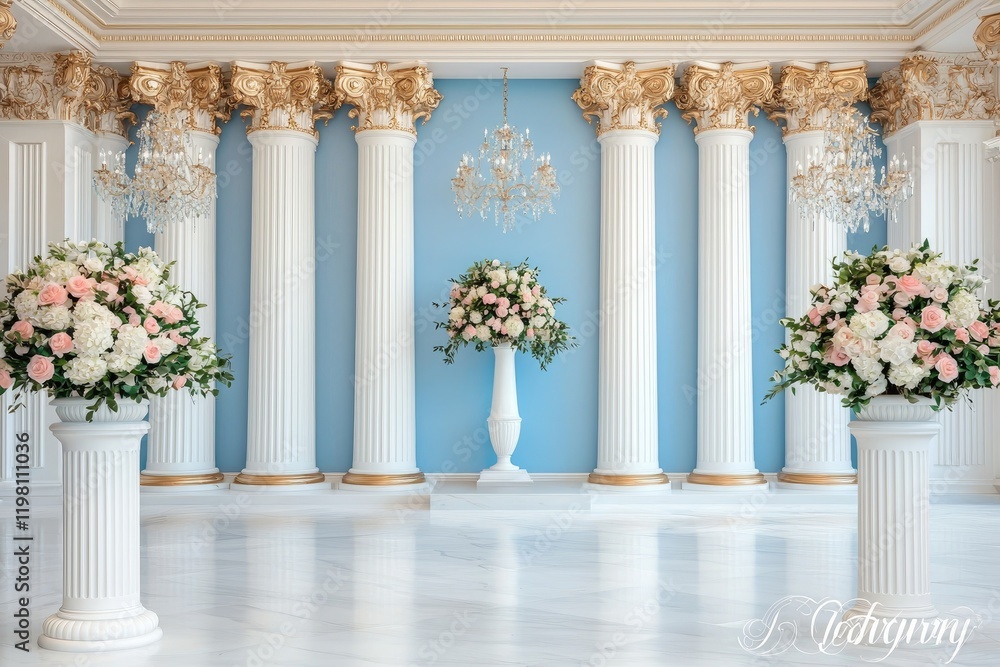 Naklejka premium Elegant wedding ceremony setup in a grand ballroom with pastel floral arrangements, white columns, and crystal chandeliers against a light blue wall.