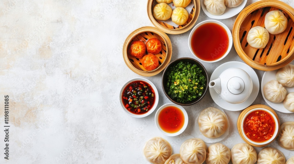A beautiful arrangement of diverse dumplings, sauces, and condiments, showcasing a vibrant culinary experience. A beautiful arrangement of diverse dumplings, sauces, and condiments, showcasing a vibrant culinary experience.