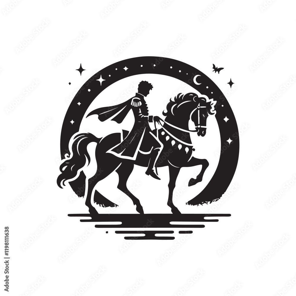 Fototapeta premium Black Color Prince with horse silhouette design Vector Illustration, Solid White Background (7).eps