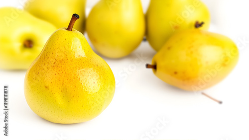 Falling Green conference pear isolated on white background, selective focus photo