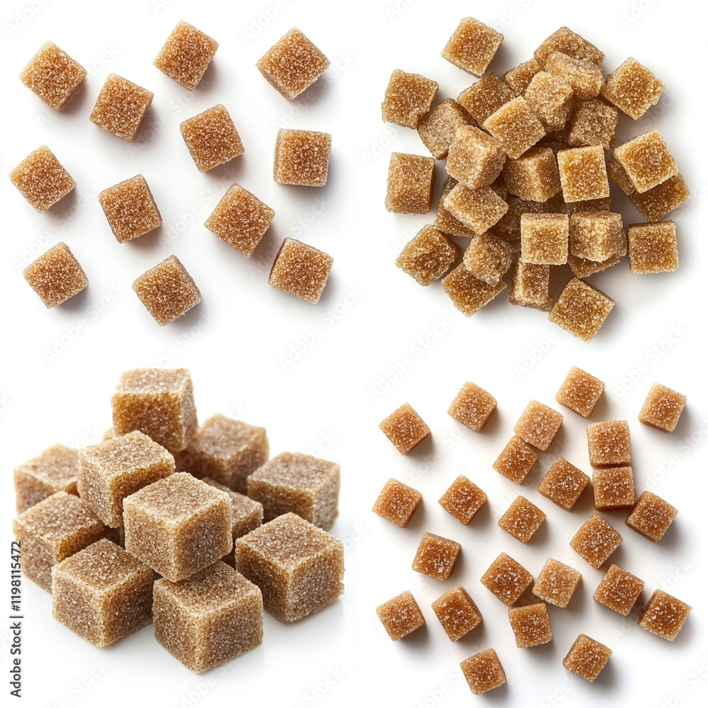 Four variations of brown sugar cubes on white. Four variations of brown sugar cubes on white.