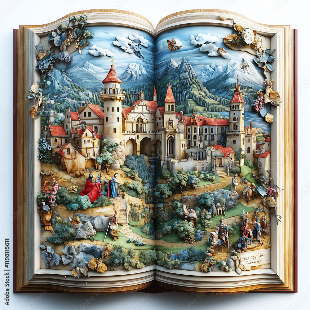 Fototapeta premium Open book with a detailed medieval landscape scene