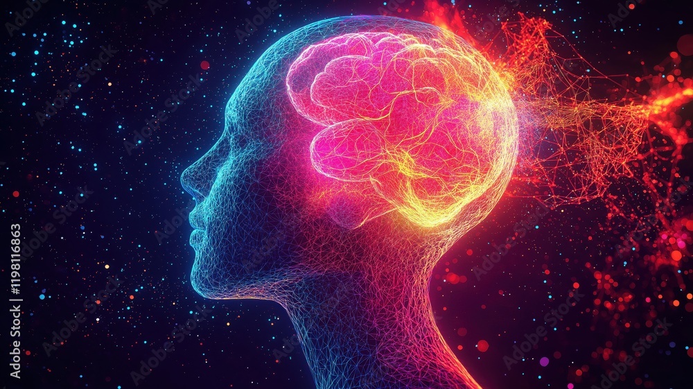 Biocentrism Concept. Digital illustration of a glowing human head with an abstract brain. Biocentrism Concept. Digital illustration of a glowing human head with an abstract brain.