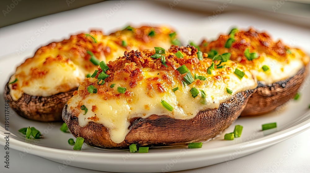 Flavorful Stuffed Mushroom Cap With Cheese and Breadcrumbs on a Pristine White Plate Flavorful Stuffed Mushroom Cap With Cheese and Breadcrumbs on a Pristine White Plate