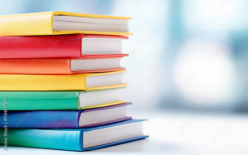 Brightly Colored Children's Books Stacked on a Clean Table Create a Cheerful Reading Environment Brightly Colored Children's Books Stacked on a Clean Table Create a Cheerful Reading Environment