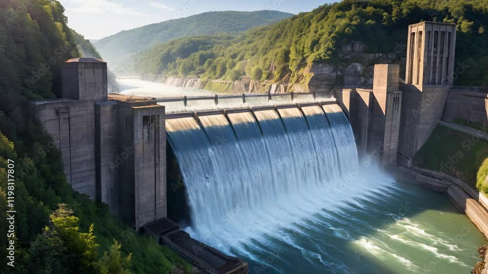Majestic Dam and River Landscape: A Stunning View of Hydroelectric Power Majestic Dam and River Landscape: A Stunning View of Hydroelectric Power