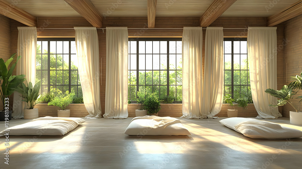 Obraz premium Sunlit Yoga and Meditation Studio with Rustic Wooden Beams and Floor Mats