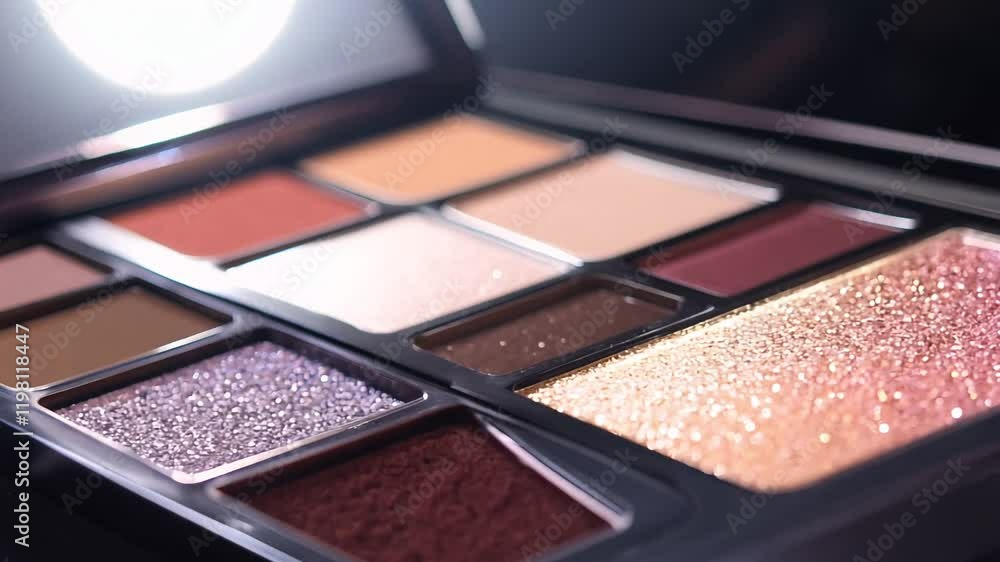 The camera slowly pans across a selection of makeup palettes with various eyeshadow colors, ambient light, establishing scene The camera slowly pans across a selection of makeup palettes with various eyeshadow colors, ambient light, establishing scene