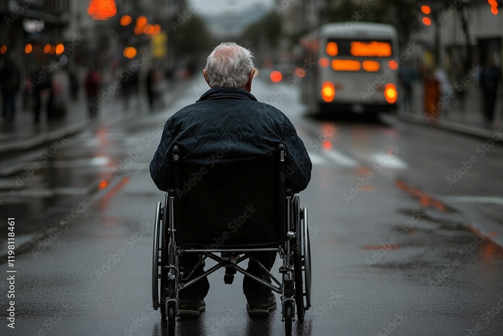 Obraz premium Elderly man seated in wheelchair waiting at a city bus stop captured in dramatic photograph