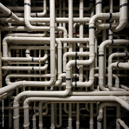 Complex Network of Insulated Pipes in an Industrial Setting. maze of thermally insulated pipes arranged in a complex network, part of industrial heating or cooling system photo