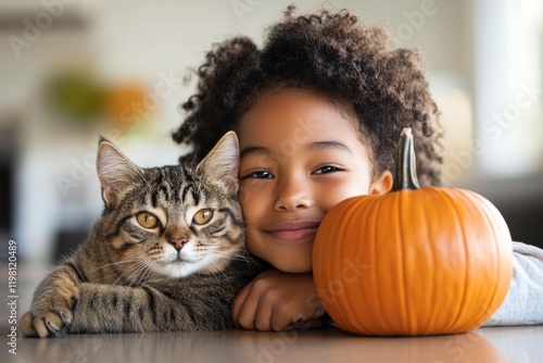 Young girl enjoying time with her cat and a pumpkin during fall festivities at home