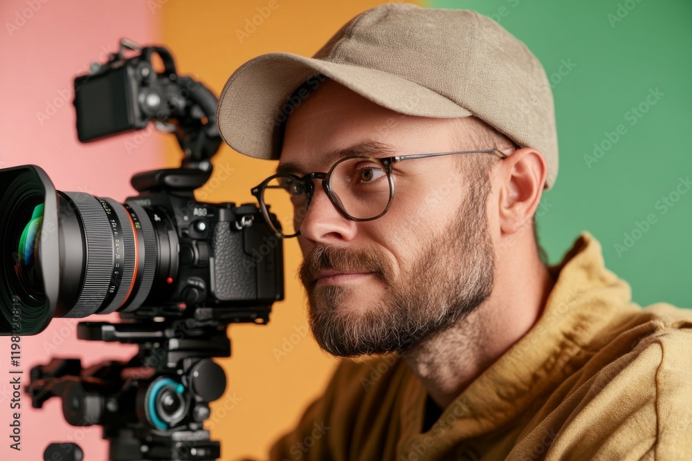 Photographer focuses intently on capturing a vibrant shot during a creative project in a studio Photographer focuses intently on capturing a vibrant shot during a creative project in a studio