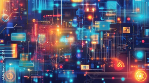Abstract Digital Circuitry  A Symphony of Neon Hues and Technological Interconnectivity