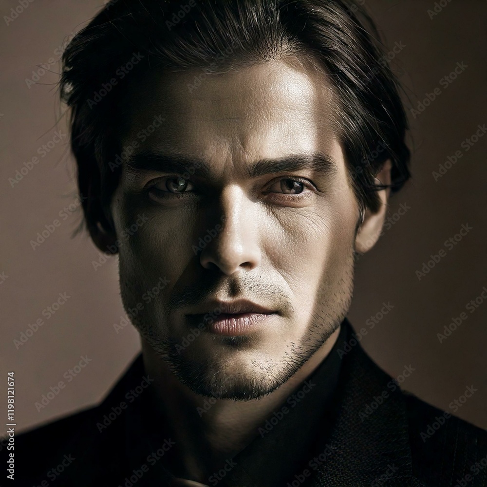 Fototapeta premium A colorful portrait of a person exuding mystery. Soft shadows and highlights accentuate their face, creating a dramatic atmosphere. Their gaze is slightly away, with a hint of intrigue.