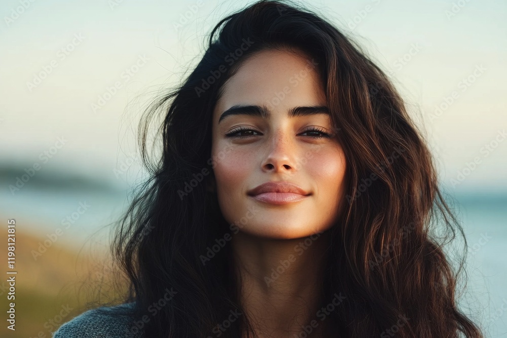 Woman with long wavy hair enjoying a serene moment near the ocean at sunset Woman with long wavy hair enjoying a serene moment near the ocean at sunset