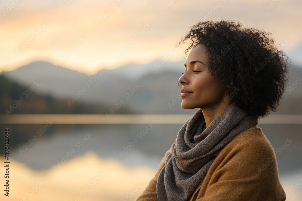 Relaxation by the lake at sunset with calm waters reflecting mountains and a woman enjoying peaceful solitude