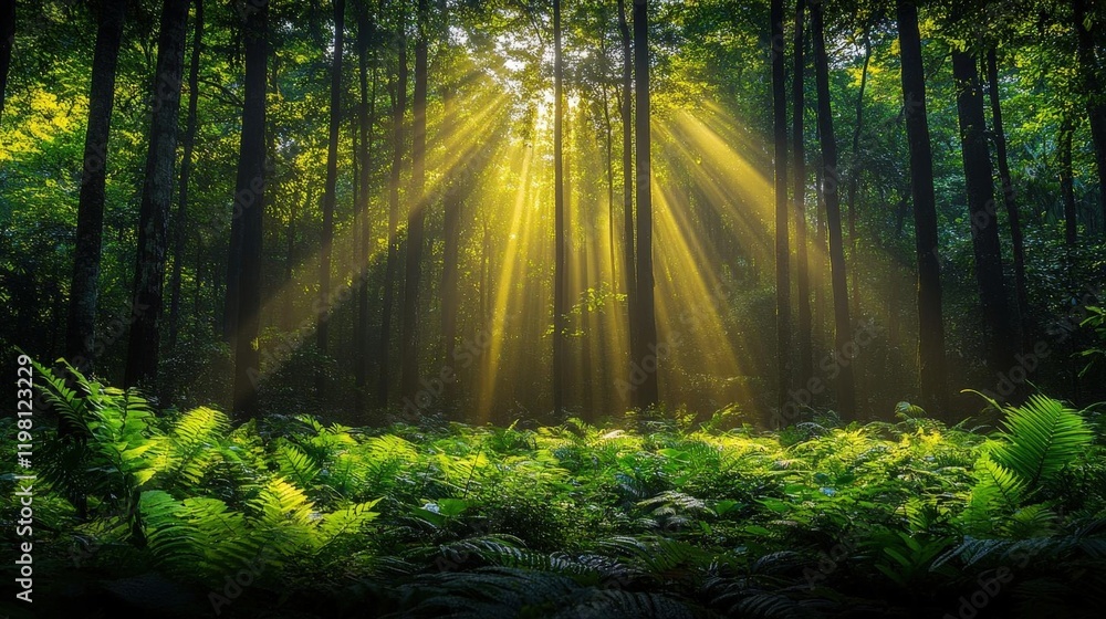 Naklejka premium Sunbeams Illuminating a Lush Forest Floor