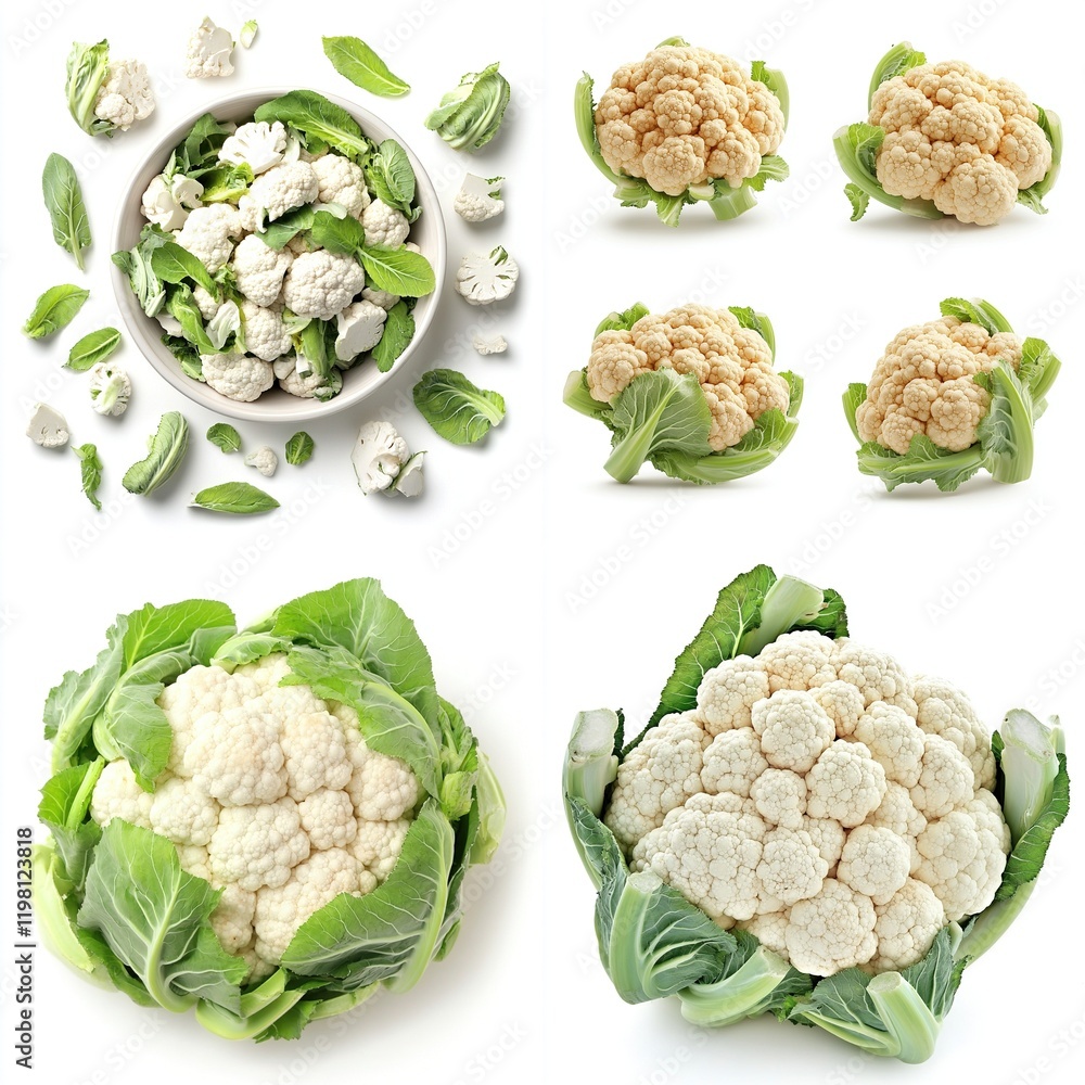 Fresh cauliflower variations; whole, cut, in bowl, leaves. Fresh cauliflower variations; whole, cut, in bowl, leaves.
