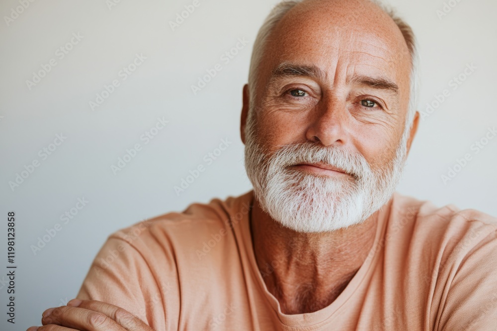 Senior man with gray beard smiles at the camera in a light-colored environment during daytime Senior man with gray beard smiles at the camera in a light-colored environment during daytime