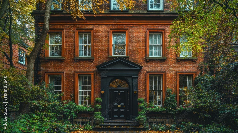 Fototapeta premium Charming brick house surrounded by autumn foliage, showcasing vibrant colors and a serene atmosphere
