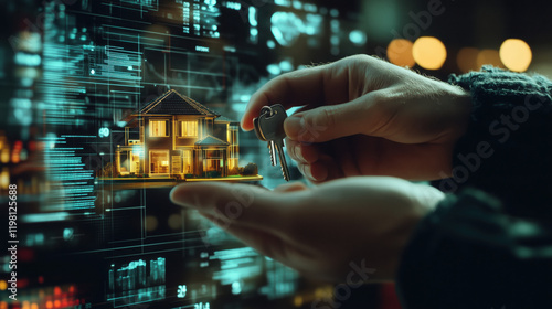 Real Estate Agent Holding a Set of Keys to a Luxury Property While Showing a Miniature House Model to a Client, with a Digital Background Showcasing Rising Property Prices and Investment Forecasts

 photo