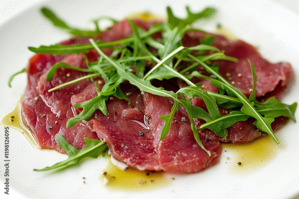 Beef carpaccio on white plate with arugula, close-up Beef carpaccio on white plate with arugula, close-up