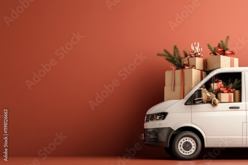 Delivery van loaded with holiday gifts ready for festive celebrations in a warm, inviting setting photo