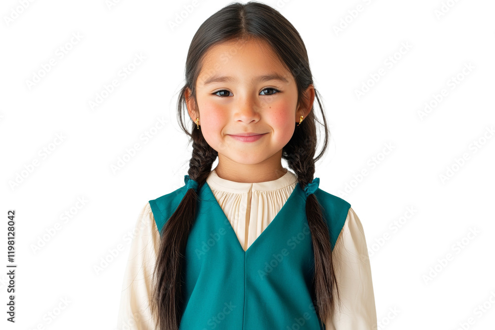 Young girl with dark hair and blue clothing is smiling Young girl with dark hair and blue clothing is smiling
