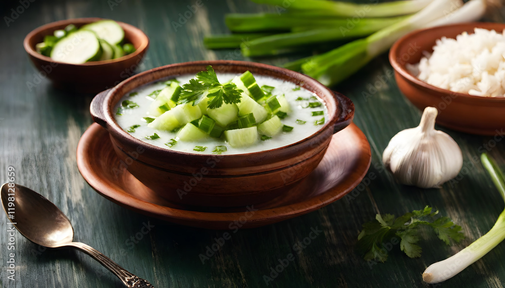 bowl of soup and salad with organic vegetables and salad and organic vegetables like garlic, green onion all around the table bowl of soup and salad with organic vegetables and salad and organic vegetables like garlic, green onion all around the table