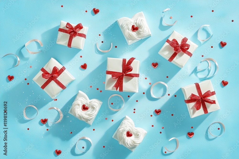 Top view Valentine's Day decorations: white gift boxes with red bows, small hearts, curly ribbons, and sequins on a pastel blue background Top view Valentine's Day decorations: white gift boxes with red bows, small hearts, curly ribbons, and sequins on a pastel blue background