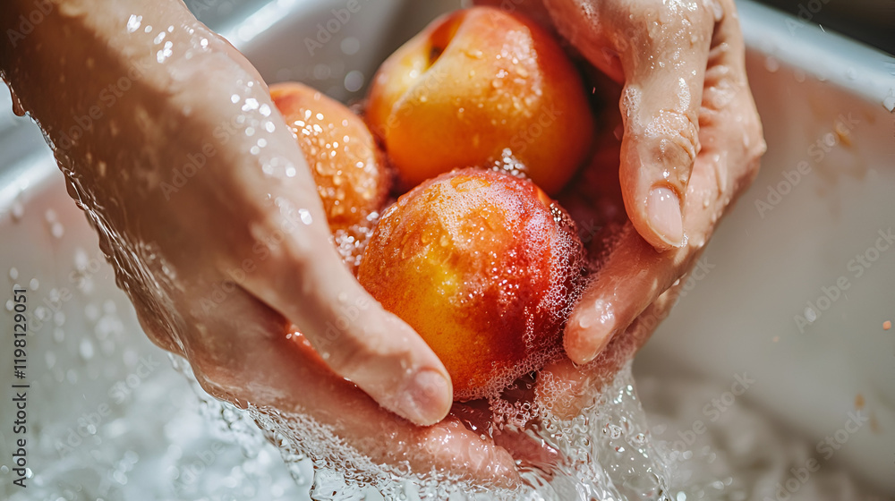 Fototapeta premium Washing fresh peaches under running water. Close-up of hands gently cleaning the fruit.