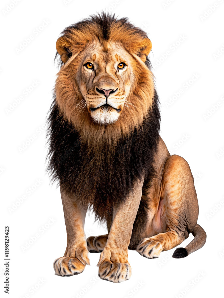 Obraz premium Lion with a long mane and a black tail is sitting on a white background