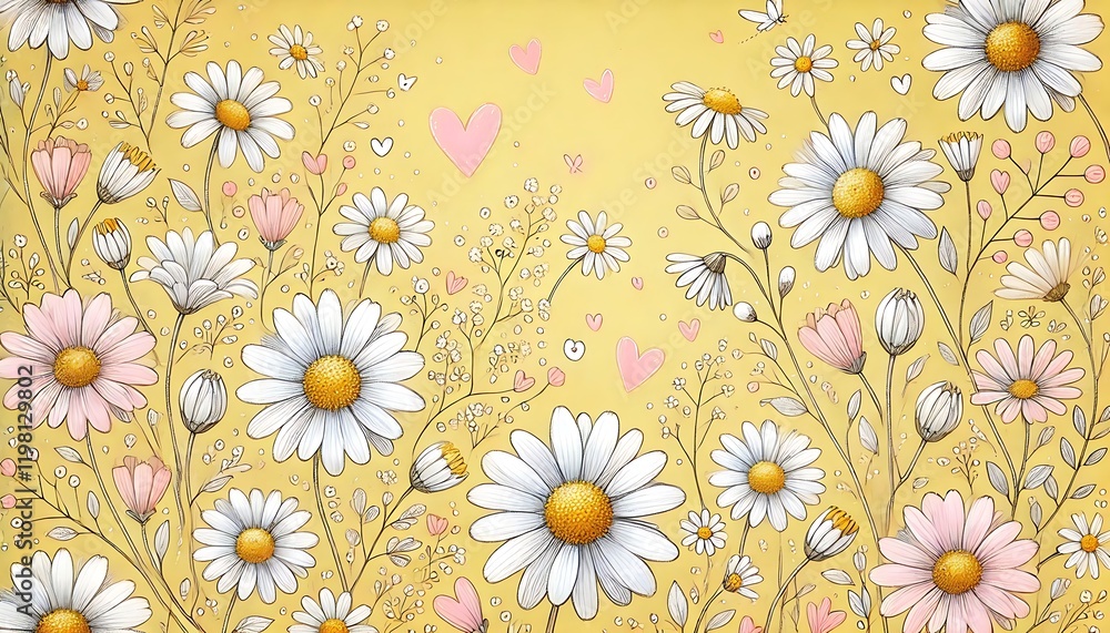 yellow backdrop with hand-drawn white daisies and pink hearts scattered in a whimsical arrangement. yellow backdrop with hand-drawn white daisies and pink hearts scattered in a whimsical arrangement.
