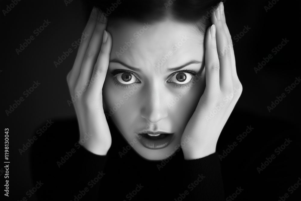 Astonished Woman, Hands on Temples, Surprised Expression, Shocked Face, Amazement, Disbelief, Wide Astonished Woman, Hands on Temples, Surprised Expression, Shocked Face, Amazement, Disbelief, Wide