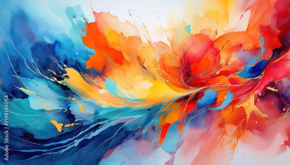 Vibrant Watercolor Abstraction A Spectacular Display of Blue, Orange, Red, and Yellow Paints on Canvas, Embodying a Spontaneous and Expressive Artistic Masterpiece Vibrant Watercolor Abstraction A Spectacular Display of Blue, Orange, Red, and Yellow Paints on Canvas, Embodying a Spontaneous and Expressive Artistic Masterpiece
