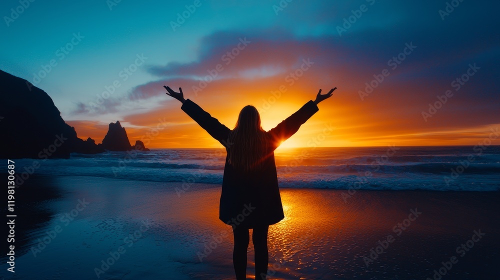 Fototapeta premium beach silhouette of woman, arms lifted to sunset, dreamy colors and soft waves, peaceful mood, isolated on white background