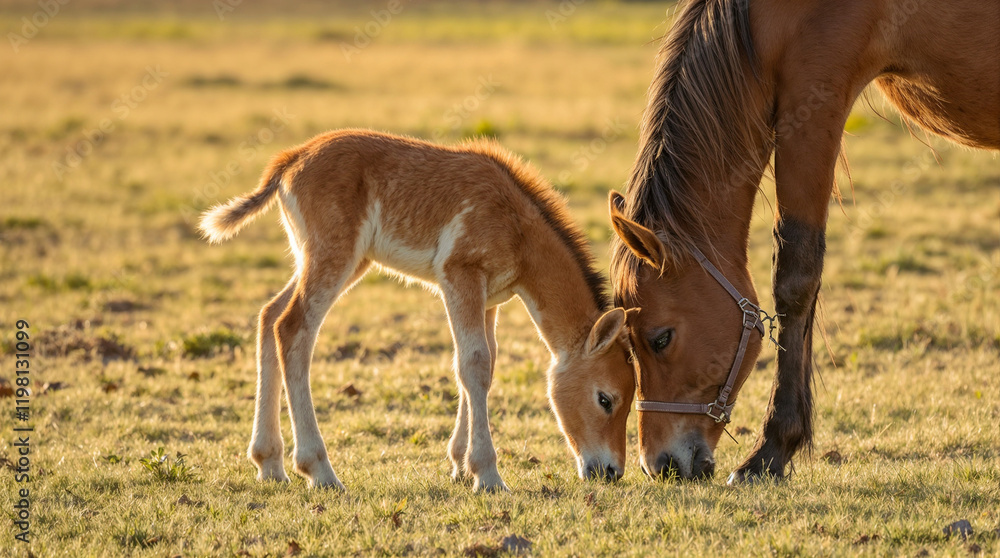 Gentle mare and foal grazing together in peaceful golden light Gentle mare and foal grazing together in peaceful golden light