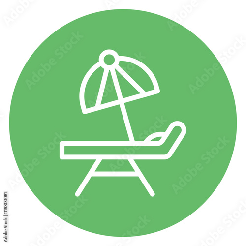 Minimalist Line Art Circular Beach Lounge Chair with Striped Umbrella Icon