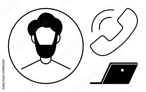 Persons head with beard, circular border, laptop, ringing phone. Ideal for themes communication, remote work, technology, contact digital interaction telecommuting connectivity. Abstract line flat