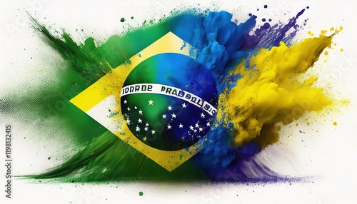 Vibrant Brazilian Flag Design Infused with Holi Colors in a Stunning Explosion against an Isolated White Backdrop photo