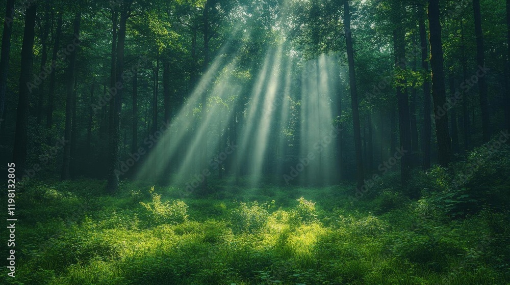 Fototapeta premium Sunbeams Illuminate Lush Forest Floor in a Serene and Peaceful Natural Scene