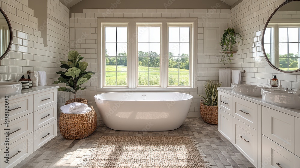 A beautifully designed modern bathroom with a luxurious freestanding bathtub, seamless white cabinetry, and large windows overlooking a serene landscape. A beautifully designed modern bathroom with a luxurious freestanding bathtub, seamless white cabinetry, and large windows overlooking a serene landscape.