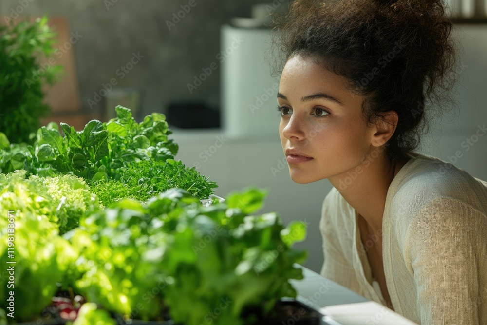 A young woman admiring her flourishing indoor herb and lettuce garden. A young woman admiring her flourishing indoor herb and lettuce garden.